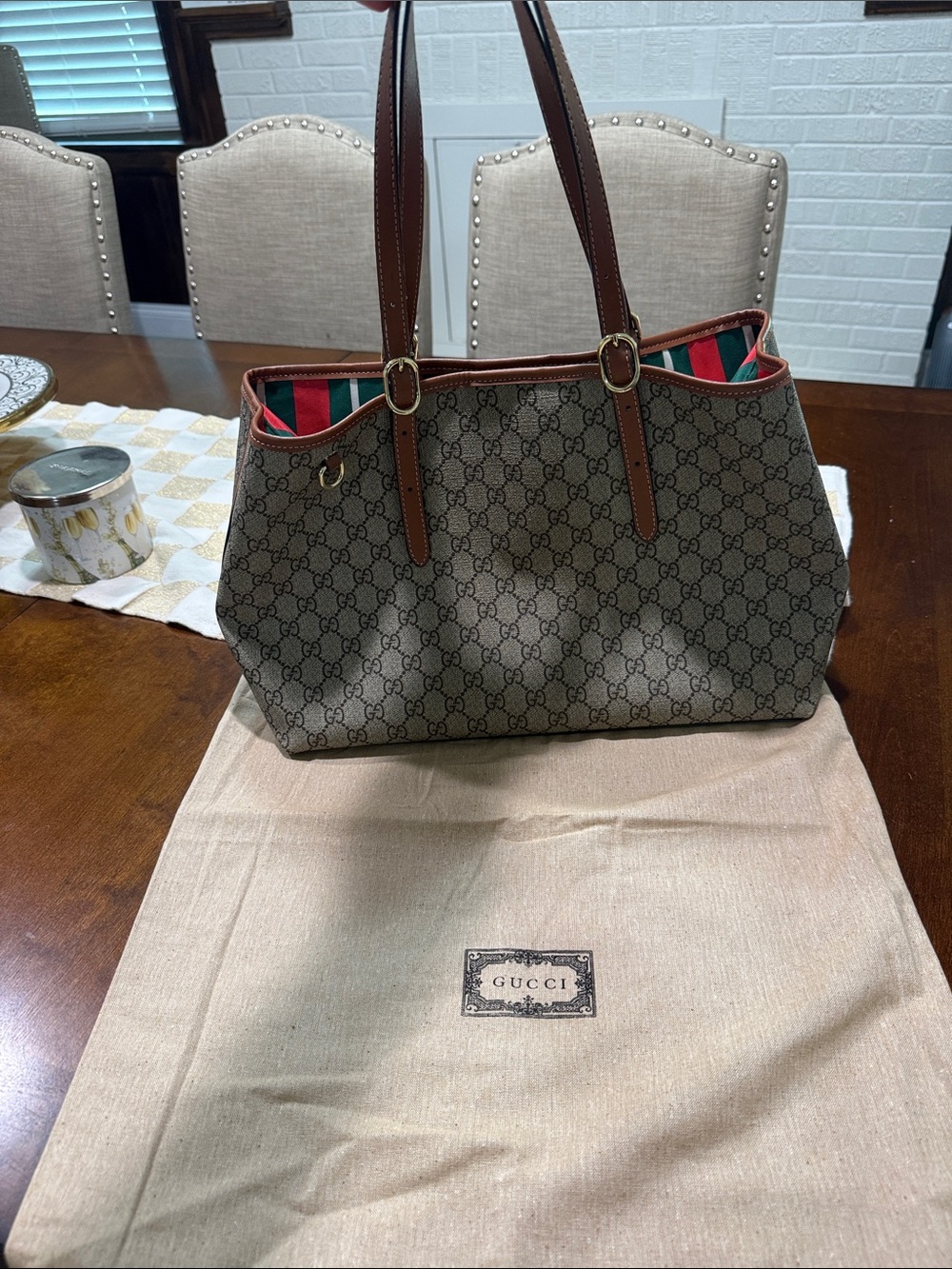 Gucci Brown GG Canvas Tote with Red and Green Stripe Trim